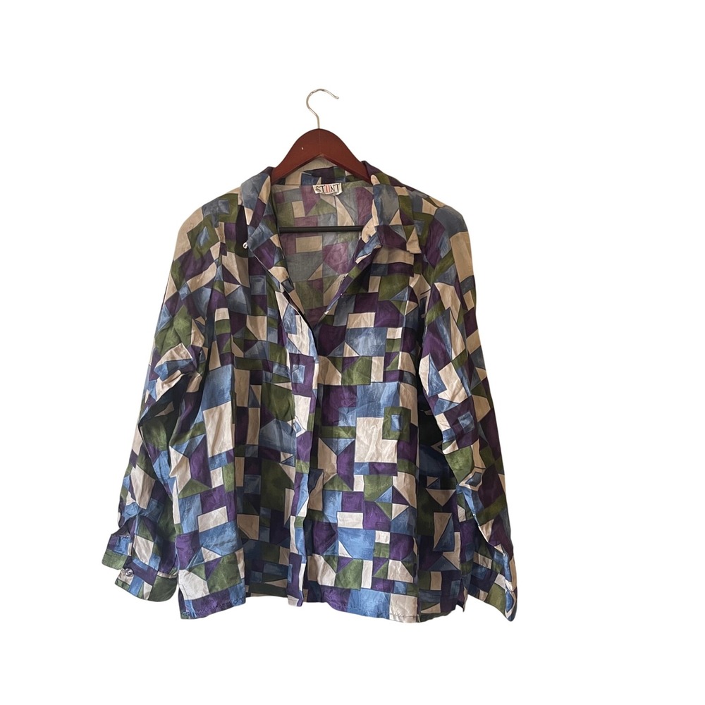 Vintage silk‎ Abstract Geometric Print Button-Up Long Sleeve oversized large